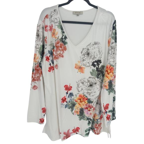 Astrologie White Knit Blouse Pink Floral Embellished Long Sleeve V-Knit XXL - Picture 1 of 9